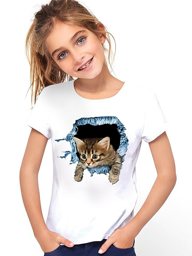  T-shirt Fille Enfants Chat Manches Courtes Chat Graphique Animal 3D effet Imprimer Blanche Enfants Hauts Actif Eté Usage quotidien Standard 4-12 ans