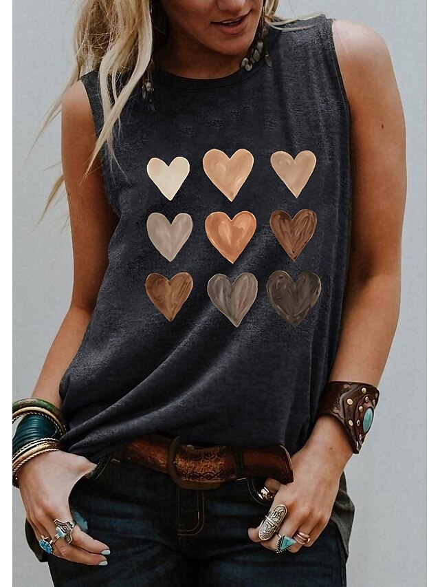  Women's Graphic Patterned Heart Daily Weekend Sleeveless Tank Top Vest T shirt Tee Round Neck Print Basic Essential Streetwear Tops Black Blue Light gray S