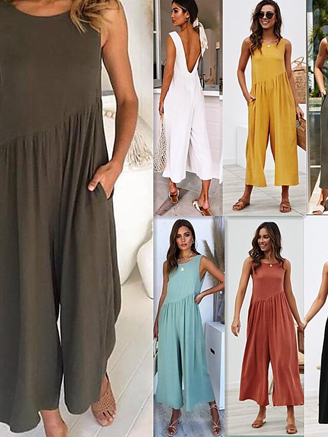  Women's Jumpsuit Solid Colored Ordinary Strapless Loose Light Blue Rust Red White S M L All Seasons