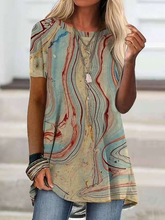  Damen T-Shirt Kleid Tunika Graffiti Khaki Bedruckt Kurzarm Täglich Basic Rundhalsausschnitt Regular Fit