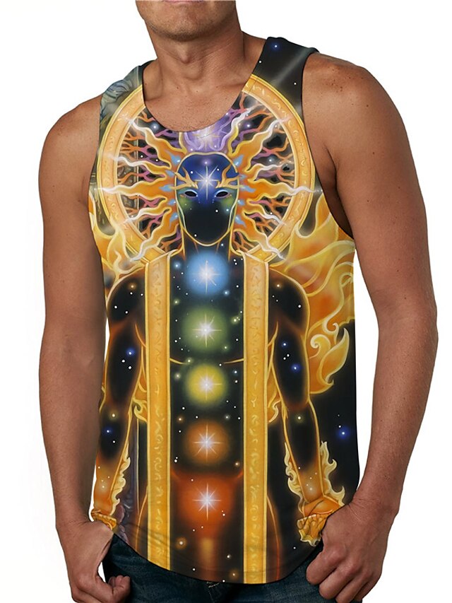  Men's Tank Top Undershirt Graphic Prints Buddha 3D Print Round Neck Daily Holiday Sleeveless Print Tops Casual Designer Big and Tall Gold / Summer