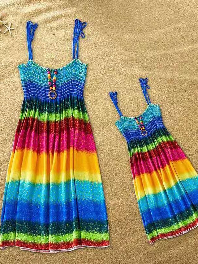  Mommy and Me Children's Day Dresses Daily Wear Rainbow Striped Print Multicolor Green Blue Knee-length Sleeveless Tank Dress Boho Matching Outfits / Summer