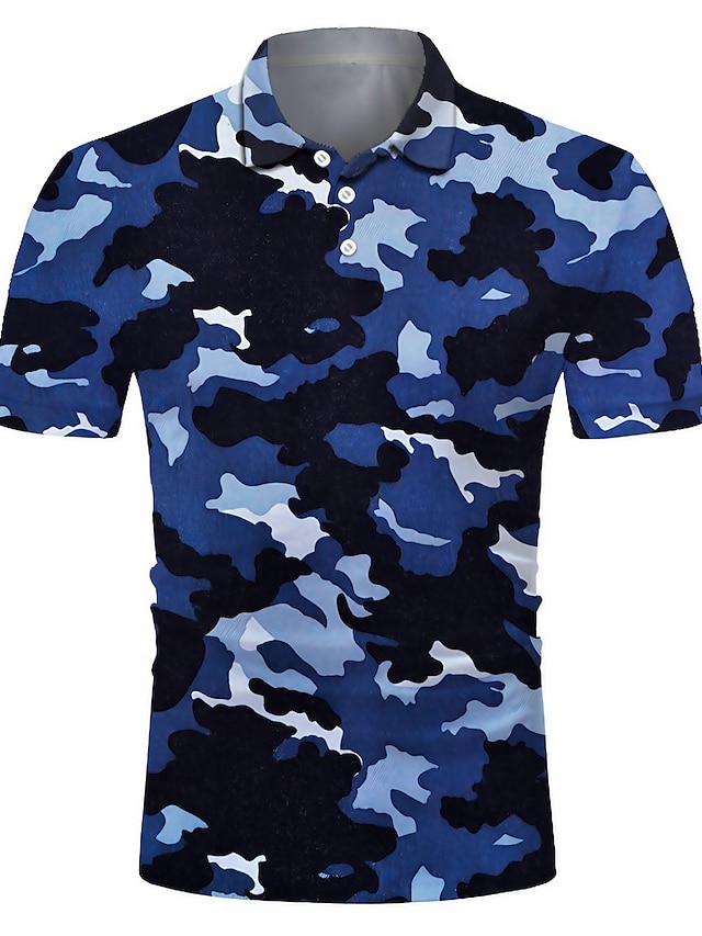  Men's Polo Shirt Tennis Shirt Golf Shirt Camo / Camouflage Collar Blue 3D Print Street Casual Short Sleeve Button-Down Clothing Apparel Fashion Cool Casual Breathable