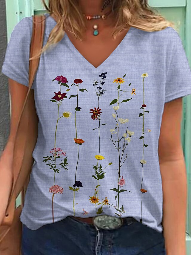  Women's T shirt Tee Blue Khaki Gray Graphic Floral Print Short Sleeve Daily Weekend Basic V Neck Regular Fit Floral Painting