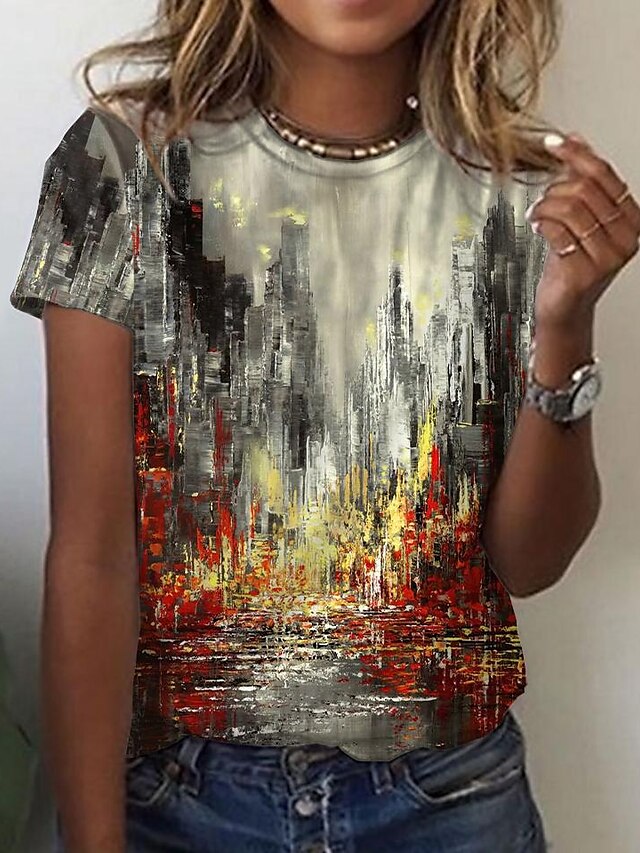  Dame Grafisk Landskab Daglig Weekend Abstrakt Geometrisk Maleri Kortærmet T-shirt Rund hals Trykt mønster Basale Toppe Blå Gul S / 3D-udskrivning