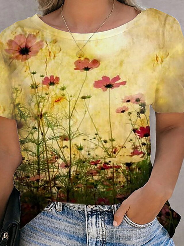 Mulheres Plus Size Blusas Camiseta Floral Estampado Manga Curta Decote Redondo Tamanho grande / Tamanhos Grandes / Tamanhos Grandes / Solto