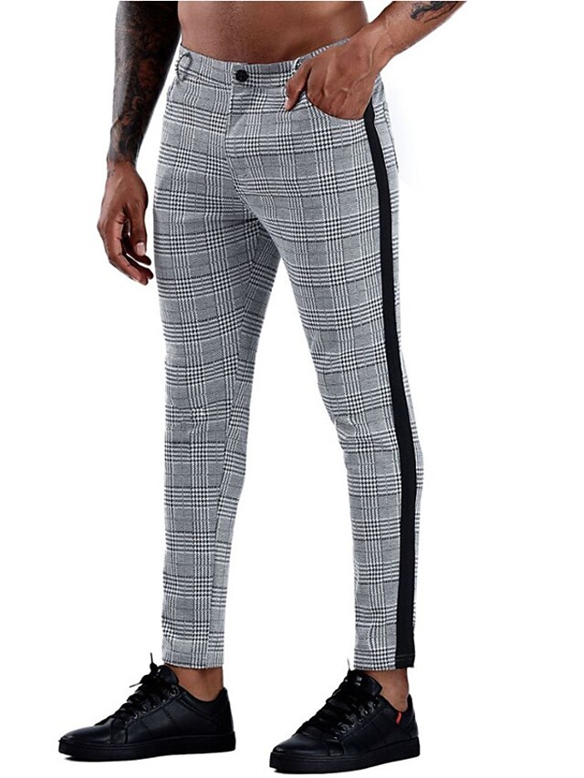  Men's Casual Chino Print Dress Pants Business Full Length Pants Inelastic Business Formal Lattice Mid Waist Slim Black S M L XL