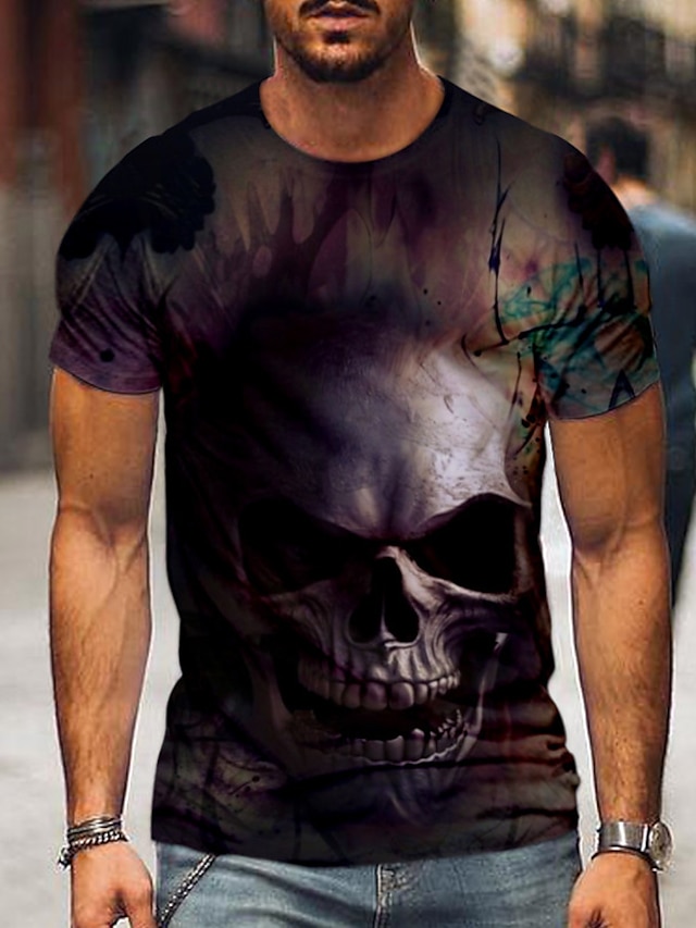  Herre T-shirt Grafisk Farveblok 3D Rund hals I-byen-tøj Natklub Kortærmet Trykt mønster Toppe Gade Punk & Gotisk Grå / Dødningehoveder / Dødningehoveder