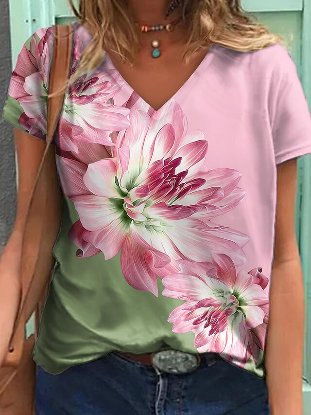  Women's Daily Weekend T shirt Tee Floral Painting Short Sleeve Floral Color Block V Neck Print Basic Tops Pink S / 3D Print