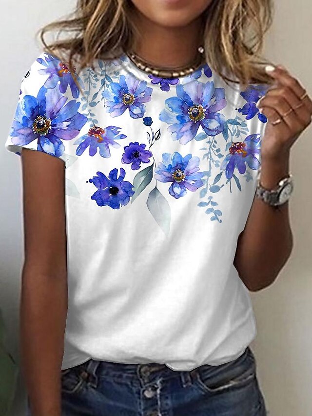  Dame Blomster Tema T-shirt Blomstret Grafisk Trykt mønster Rund hals Basale Toppe Blå