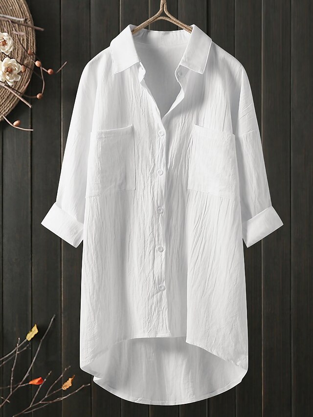  Women's Cotton Blouse 3/4 Sleeve Regular Fit Basic Shirt Collar