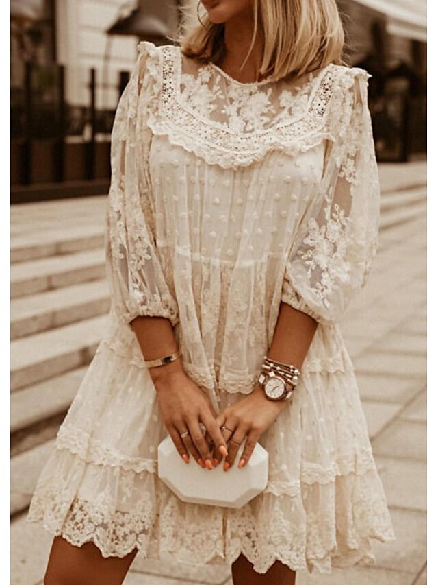  Women's Shift Dress Short Mini Dress White Beige 3/4-Length Sleeve Solid Color Embroidered Lace Spring Summer Round Neck Casual 2021 S M L XL XXL 3XL
