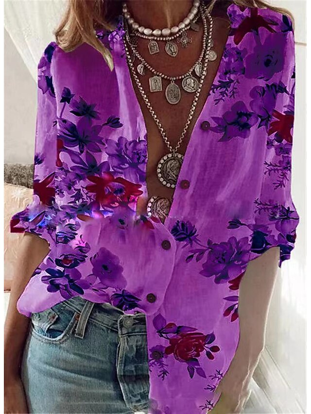  Women's Floral Long Sleeve Blouse Shirt Standing Collar Print Tops Blue Purple S