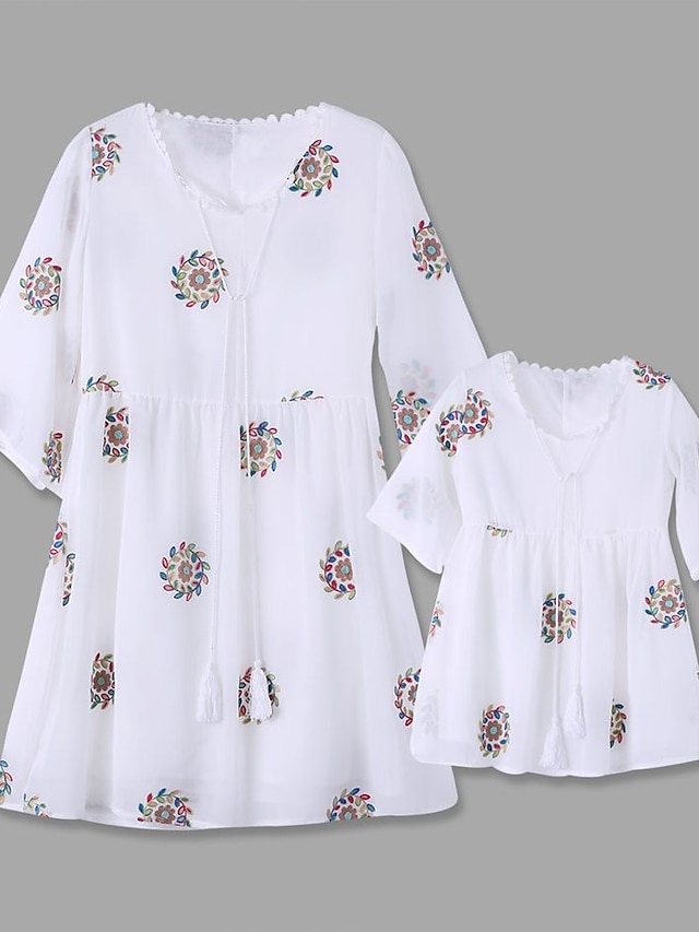  Mommy and Me Dresses Graphic Embroidered White Matching Outfits