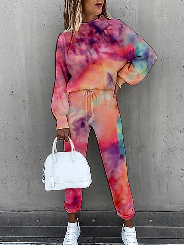  Mujer Sudadera Chándal Conjuntos de pantalones Tie-dye Estampado Deporte Diario Rosa Caqui Beige Estampado Manga Larga Activo Básico Cuello Alto Ajuste regular Otoño invierno