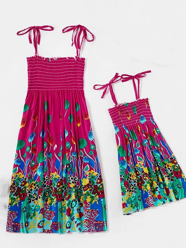  Dresses Mommy and Me Casual / Daily Floral Print Red Knee-length Sleeveless Boho Matching Outfits / Summer