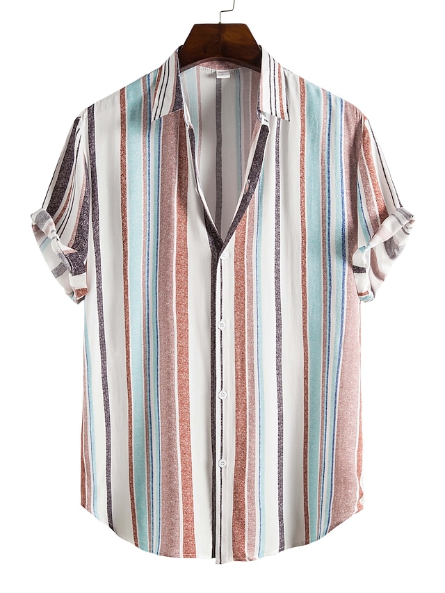  Men's Shirt Striped Color Block Classic Collar Plus Size Going out Outdoor Short Sleeve Print Tops Cotton Tropical Beach Rainbow