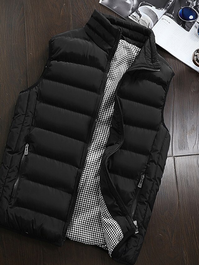  Men's Vest Gilet Fall Winter Street Daily Going out Regular Coat Stand Collar Zipper Warm Breathable Regular Fit Sporty Casual Streetwear Jacket Sleeveless Full Zip Pocket Solid Color Blue Gray Black