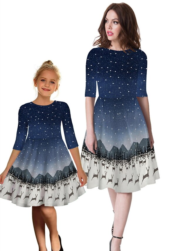  Familienblick Kleid Täglich Galaxis Bedruckt Blau Purpur Knielang Halbe Ärmel Aktiv Passende Outfits