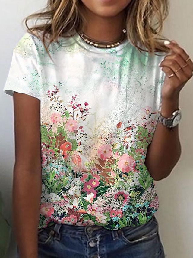  Women's Floral Graphic Patterned Daily Weekend Floral Short Sleeve T shirt Tee Round Neck Print Basic Essential Tops White S / 3D Print