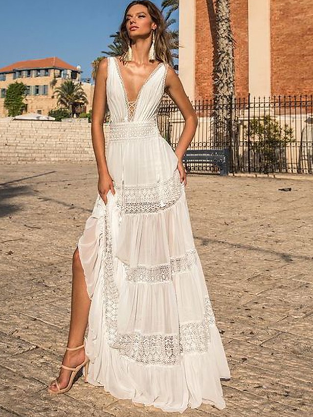  Women's Swing Dress Maxi long Dress White Sleeveless Solid Color Cold Shoulder Spring Summer V Neck Elegant & Luxurious Party Beach 2021 S M L XL