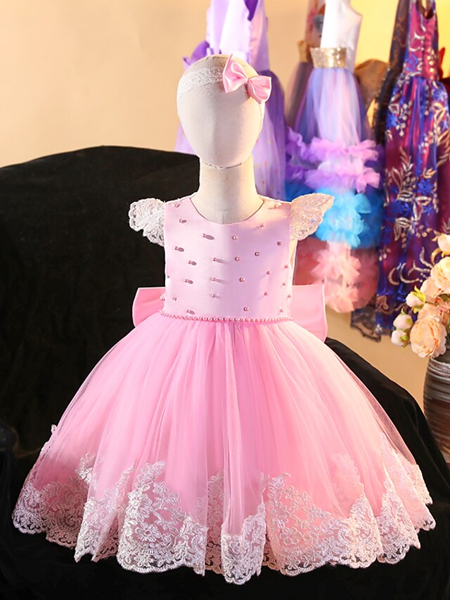  Toddler Little Girls' Dress Solid Colored Beaded Bow Blushing Pink Knee-length Short Sleeve Princess Sweet Dresses All Seasons Regular Fit