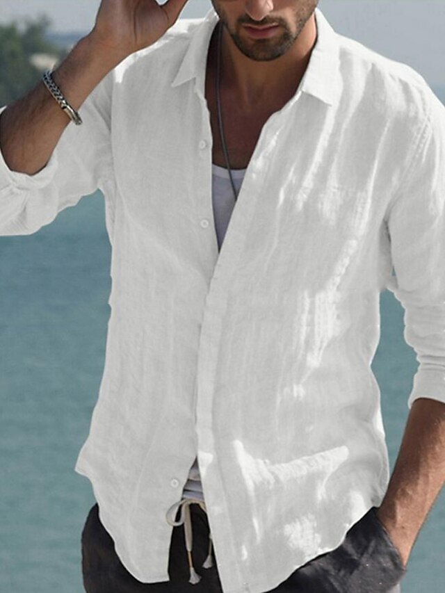  Hombre Camisa camisa de lino Camisa de verano Ropa de playa Abotonar la camisa Negro Blanco Rosa Manga Larga Color sólido Cuello Primavera verano Casual Diario Ropa Abotonar