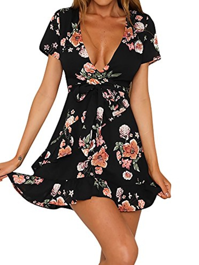  Women's A Line Dress Short Mini Dress Black Short Sleeve Flower Spring Summer V Neck Casual 2021 S M L XL / Cotton / Cotton