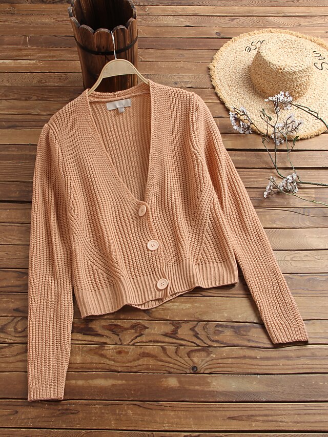  Women's Cardigan Solid Color Knitted Acrylic Fibers Basic Long Sleeve Sweater Cardigans Fall Winter Open Front Camel
