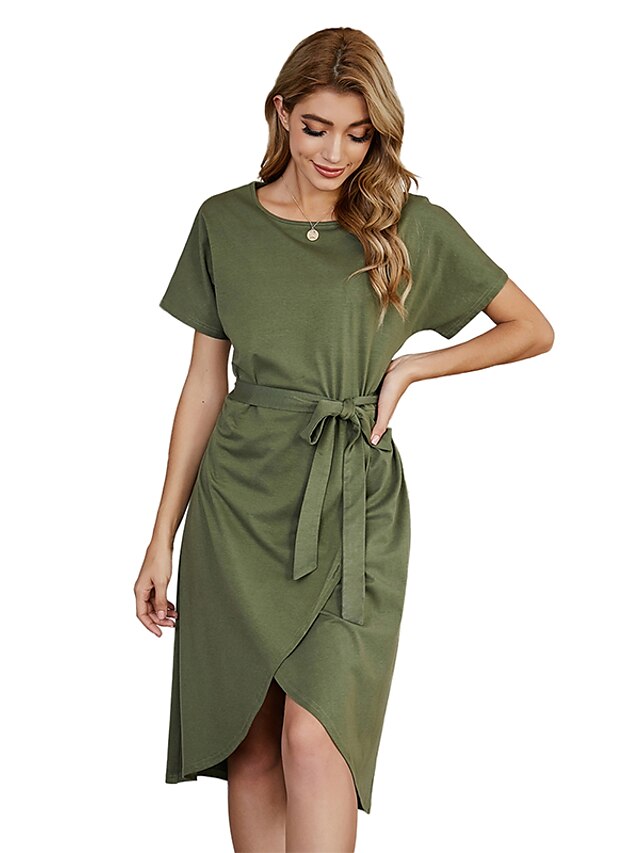  LITB Basic Women's Belted Wrap T-Shirt Dress Knee Length Dress Solid Color