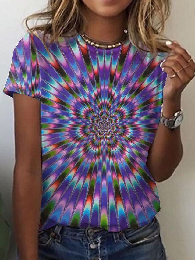  Women's T shirt Tee Graphic Optical Illusion 3D Purple Print Short Sleeve Daily Weekend Basic Round Neck Regular Fit