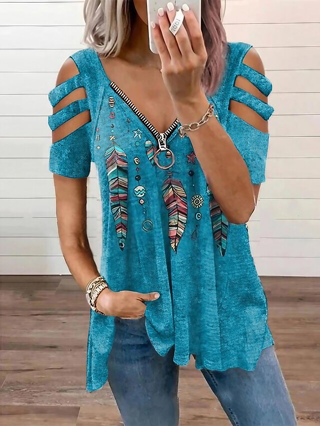  Women's V-Neck Feather Print Casual Blouse