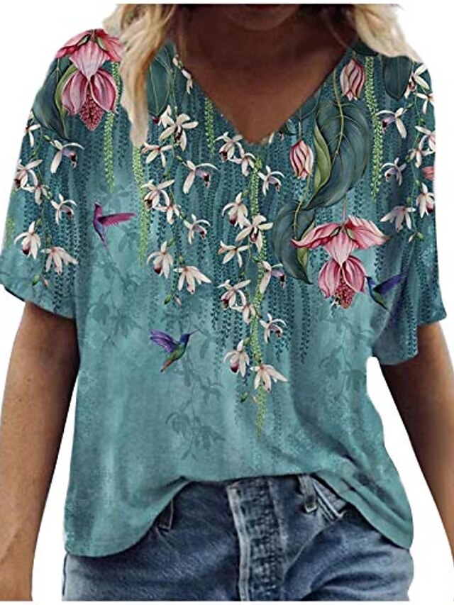  T shirt Tee Femme Casual du quotidien Floral Manches Courtes Col Rond basique Couleur de la photo Hauts S / 3D effet