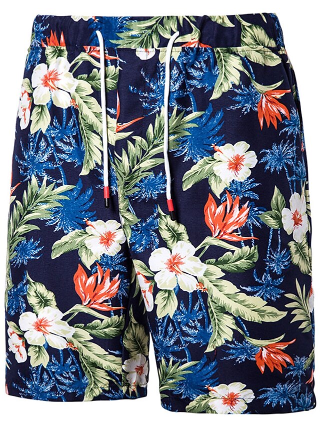 Men's Casual Shorts Bermuda shorts Plus Size Knee Length Pants Micro-elastic Casual Holiday Graphic Flower / Floral Mid Waist Navy Blue M L XL XXL 3XL / Summer