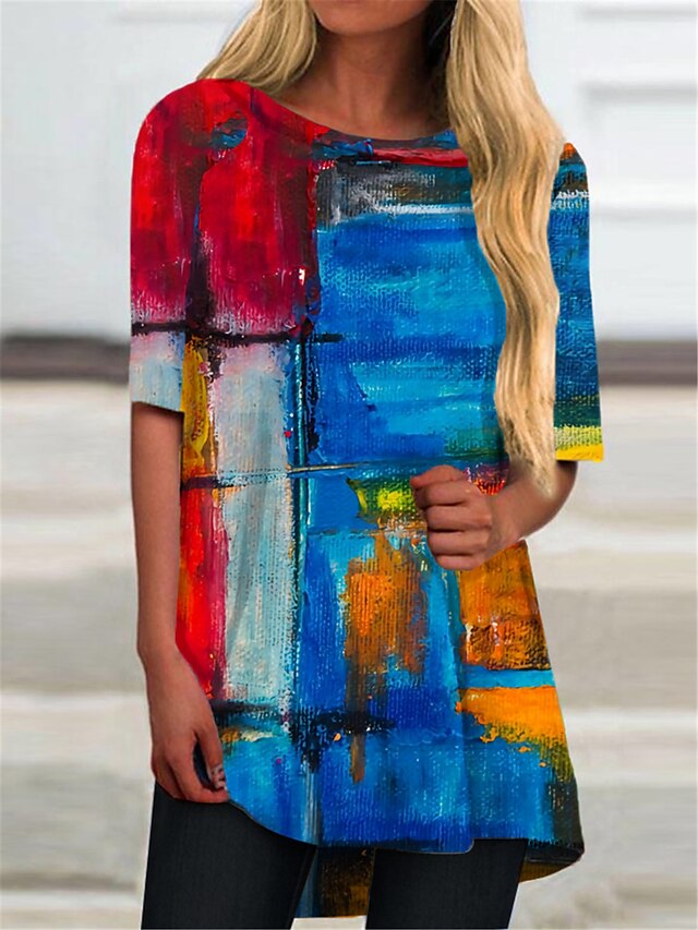  Damen Minikleid T Shirt Kleid Blau Halbe Ärmel Bedruckt Bedruckt Abstrakt Rundhalsausschnitt Frühling Sommer Alltag 2022 S M L XL XXL 3XL