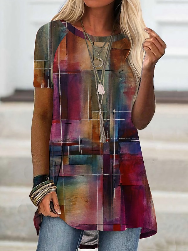  Damen Farbverläufe Täglich Geometrisch Kurzarm T-Shirt Kleid Tunika Rundhalsausschnitt Bedruckt Basic Oberteile Fuchsie S / 3D-Druck