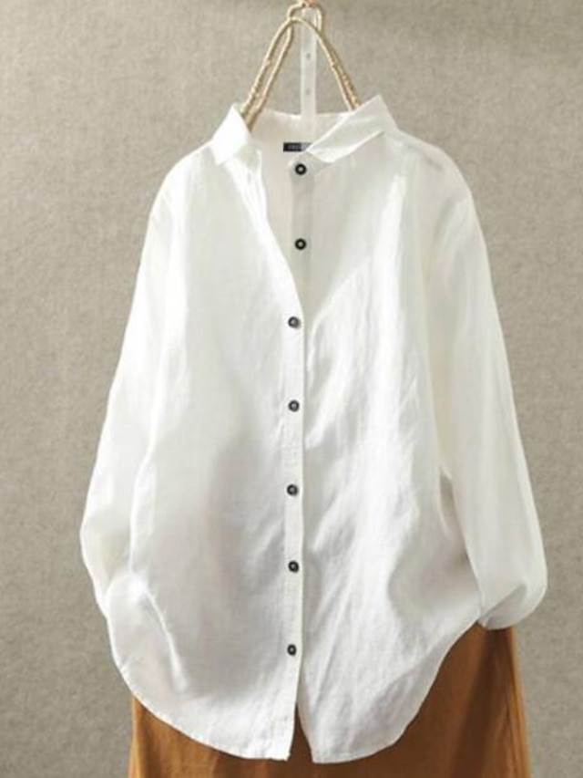  Women's Shirt Blouse Plain Black White Yellow Long Sleeve Date Basic Casual Shirt Collar Regular Fit Spring Fall