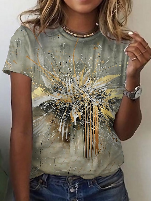  Damen T Shirt Gras-Grün Schwarz Gelb Bedruckt Graphic Abstrakt Täglich Wochenende Kurzarm Rundhalsausschnitt Vintage Basic Geometrisch Regular Fit