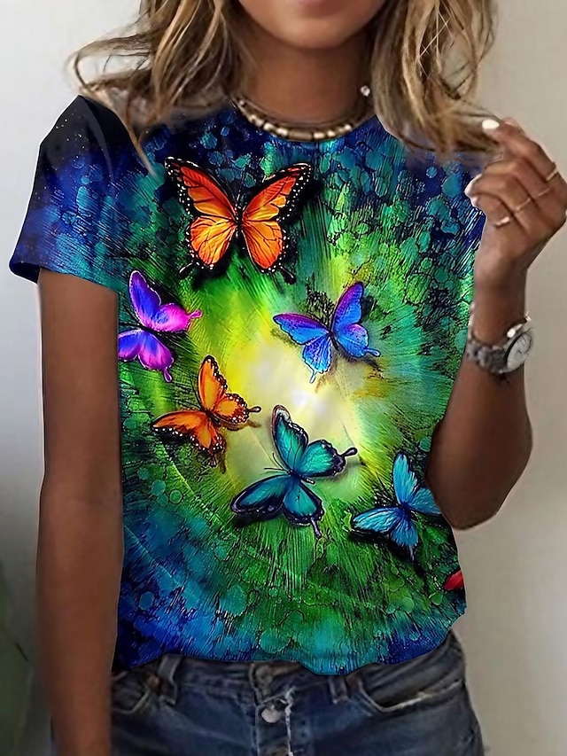  Damen T Shirt Graphic Schmetterling Täglich Wochenende Bedruckt Blau Kurzarm Basic Rundhalsausschnitt