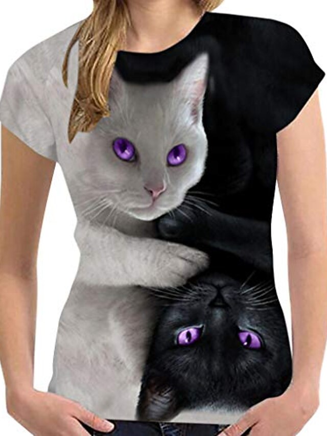  gokomo damer t skjorte 61d katt print rund hals topp casual løs tunika bluse skjorte topp klær