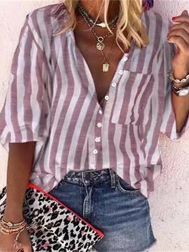  Women's Blouse Shirt Striped Long Sleeve Pocket Patchwork Standing Collar Tops Puff Sleeve Blushing Pink Gray