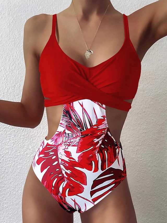 Damen Badeanzug Ein Stück Monokini Trikini Normal Bademode Push-Up Hosen Blatt Rundhalsausschnitt Aktiv Urlaub Badeanzüge