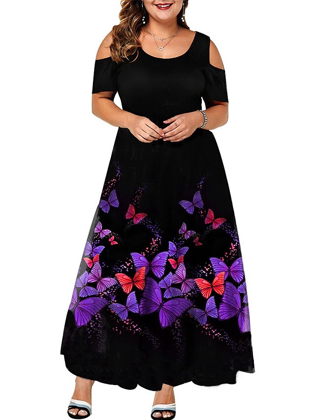  Damen Übergröße Schmetterling Urlaubskleid Bedruckt Rundhalsausschnitt Kurzarm Elegant Frühling Sommer Täglich Maxikleid Kleid
