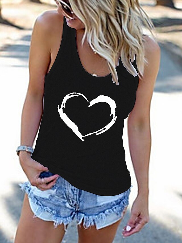  Damen Muskelshirt Camis T-Shirt Print U-Ausschnitt Grundlegend Herz Oberteile Schwarz Grau Weiß