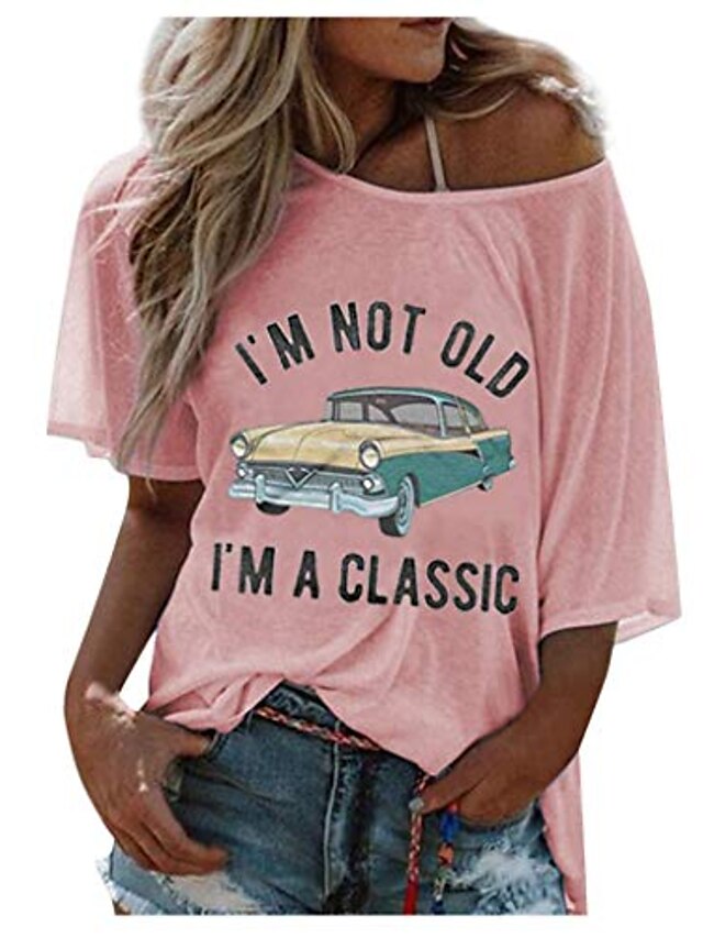  dengzi Eu não sou velho, eu sou um clássico feminino casual com estampa de carta de verão camiseta de manga curta com gola redonda - rosa - médio