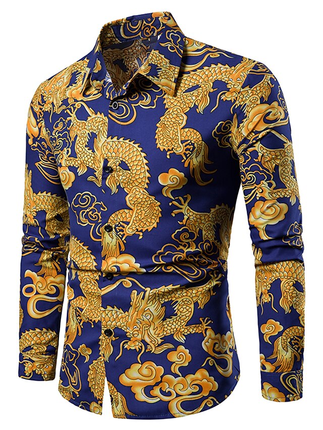  Men's Shirt Dragon Other Prints Button Down Collar Daily Long Sleeve Print Tops Beach Blue Black Red