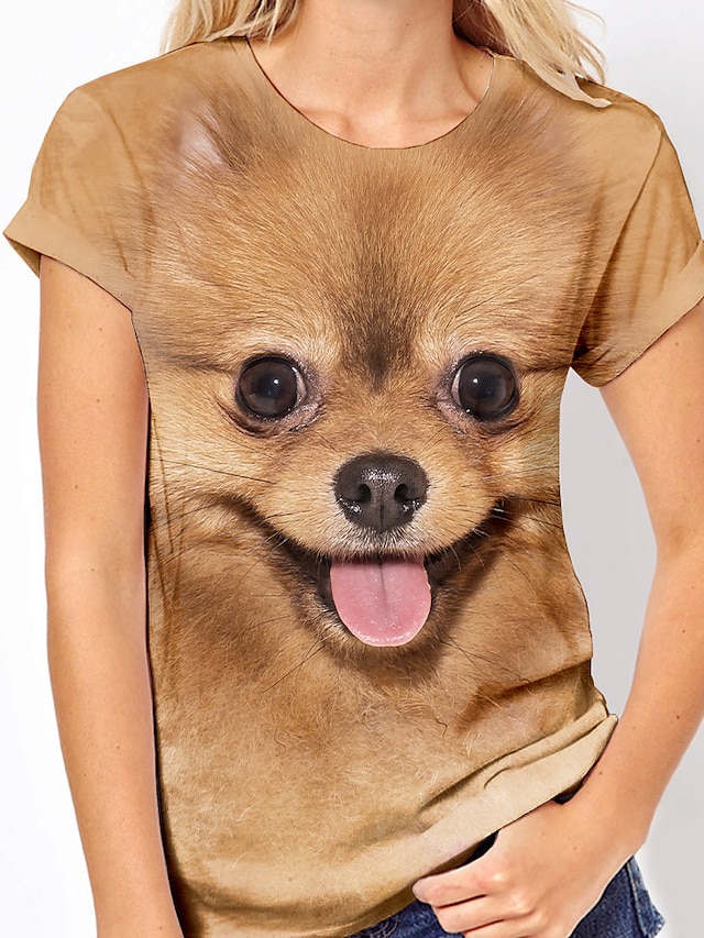  Damen T-Shirt 3D Hund 3D Tier Rundhalsausschnitt Bedruckt Grundlegend Oberteile Braun / 3D-Druck