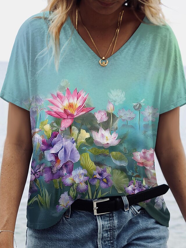  Dame Daglig Weekend T-shirt Blomster Tema 3D Maleri Kortærmet Blomstret 3D Blomst V-hals Trykt mønster Basale Toppe Grøn S / 3D-udskrivning