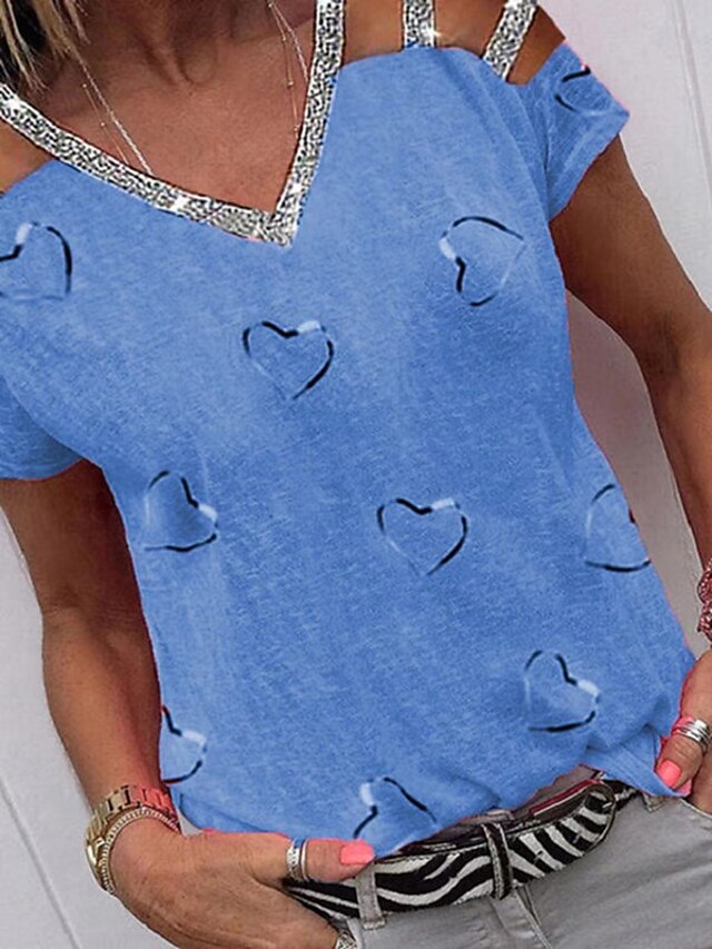  T-shirt Femme du quotidien Cœur Amour Manches Courtes Cœur Col en V basique Blanche Gris Hauts