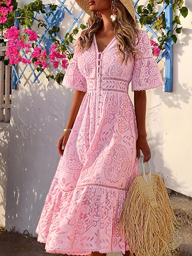  Women's Sheath Dress Maxi long Dress Blushing Pink White Half Sleeve Solid Color V Neck Hot S M L XL XXL